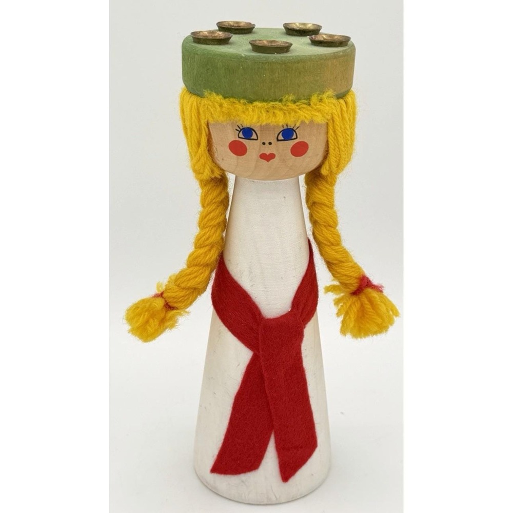 Swedish St Lucia's Day Folk Art Wooden Candle Holder Girl MCM Vintage GC